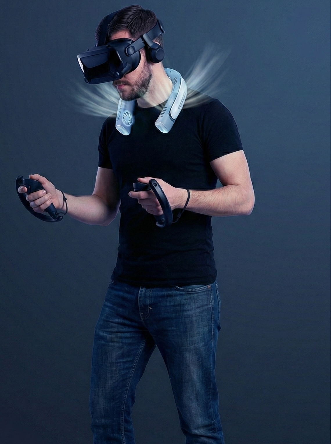 Person wearing a VR headset and holding controllers against a dark background